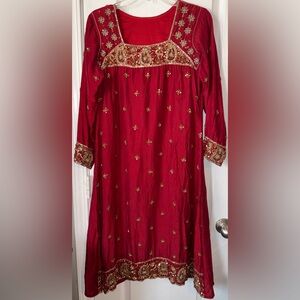Vintage Red & Gold Heavily Beaded South Asian Kurta Style Dress Fits Size M